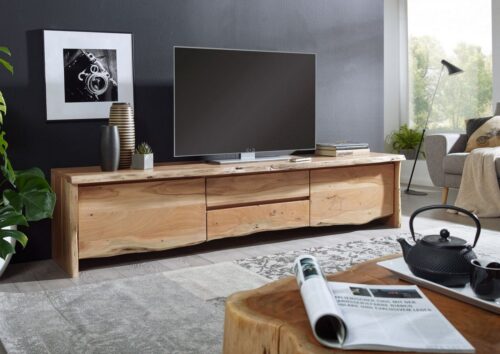 Massivmoebel24 TV-Board »PURE ACACIA« (Modernes Massivholz TV-Board mit Schubladen und Türen inklusive Softclose in natur lackiert 220x45x50 Akazie montiert), echte Baumkante, Unikat, Natürliche Unregelmäßigkeiten und Astlöcher