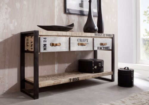 Massivmoebel24 Konsolentisch »FACTORY« (140x40x76 Mango montiert, Konsolentisch aus Eisen und Mangoholz im Industrial-Stil, bedruckt), Industrial-Stil,Industrie-Optik,Vintage-Look,bedruckt