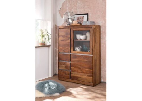 Massivmoebel24 Highboard »SYDNEY« (Stilvolles Highboard mit Türen, davon 1 verglast und Schubladen, Ziernaht aus Eisen, braun lackiert 102x40x147 Sheesham montiert)