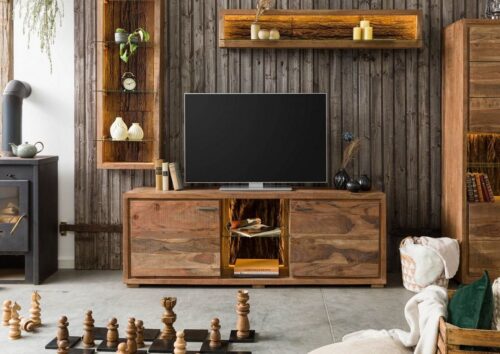 Massivmoebel24 TV-Board »BARK« (175x40x40 Akazie montiert, TV Lowboard aus Massivholz mit echter Baumrinde und integrierter LED Beleuchtung), strukturierte Oberfläche, used Look, rustikal, sichtbare Hobelschläge, inkl. LED-Beleuchtung, echte Baumrinde, Zinkgriffe, herausnehmbarer Glasboden, Kabelführung