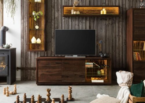 Massivmoebel24 TV-Board »BARK« (175x40x40 Akazie montiert, TV Lowboard aus Massivholz mit echter Baumrinde in rustikalem Stil), strukturierte Oberfläche, used Look, rustikal, sichtbare Hobelschläge, inkl. LED-Beleuchtung, echte Baumrinde, Zinkgriffe, herausnehmbare Glasböden