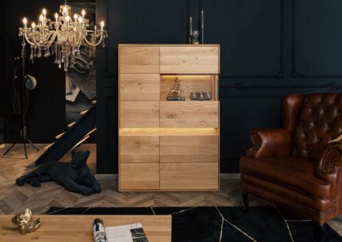 Massivmoebel24 Highboard »CARDIFF« (103x43,5x43,5 Wildeiche montiert, massives Highboard mit integrierter LED Beleuchtung)