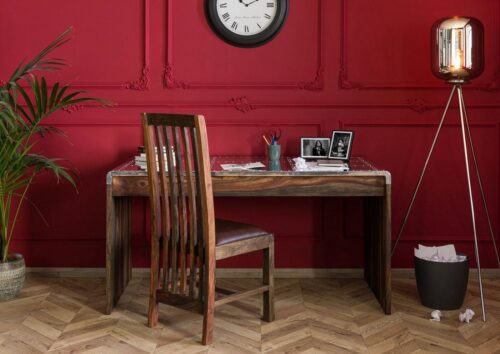 Massivmoebel24 Schreibtisch »TAMBORA« (150x70x76 Sheesham), abgerundete Kanten,genietete Metallplatte,