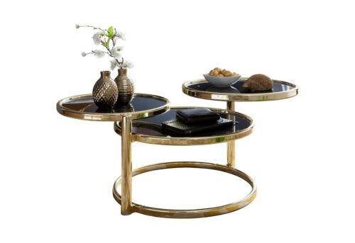 Wohnling Beistelltisch »Couchtisch mit 3 Tischplatten Schwarz / Gold 58 x 43 x 58 cm Beistelltisch Rund Design Wohnzimmertisch Glas / Metall Designer Glastisch Sofatisch modern Kleiner Loungetisch«