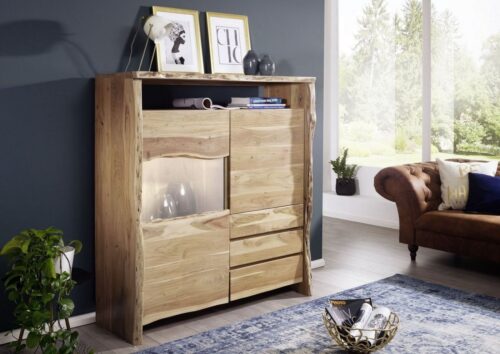 Massivmoebel24 Highboard »PURE ACACIA« (Moderne Massivholz Highboard Vitrine mit Glas und mehreren Fächern, Unikat natur lackiert 131x45x147 Akazie montiert)