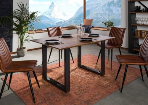 Massivmoebel24 Esstisch »SWISS EDGE« (Moderner Esstisch für 4 Personen, mit außergewöhnlichem Eisengestell, natur lackiert 140x90x76 Akazie)