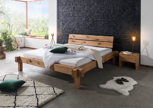 Massivmoebel24 Massivholzbett »JANGALI« (Bett aus robustem Massivholz, massives Holzbett Bettgestell, Modernes Balkenbett mit zweigeteiltem Kopfteil in natur geölt 180x200 Zerreiche)