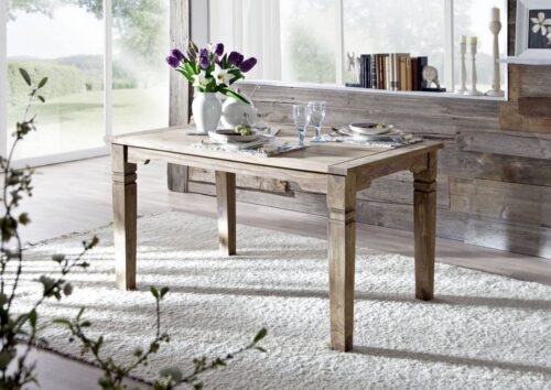 Massivmoebel24 Esstisch »LEEDS« (Esstisch im Landhausstil, für 6 Personen, mit vielen Designdetails, in grau geölt 140x90x76 Sheesham), mexikanischer Wohnstil,Mexico-Stil,Landhaus-Stil,authentische Holzadern,aufwendige Schnitzereien und Verzierungen,