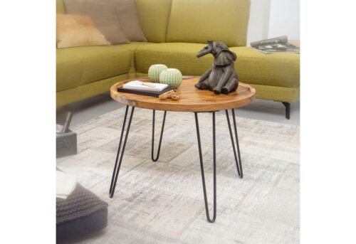 Wohnling Beistelltisch »Couchtisch Sheesham Massivholz 60x45x60 cm Wohnzimmertisch Rund Sofatisch mit Haarnadelbeine Kaffeetisch aus Holz und Metall«