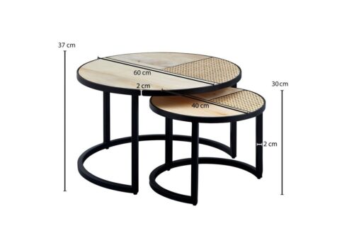 Wohnling Beistelltisch »Design Wohnzimmertisch 2er Set Mango / Rattan Beistelltisch Rund Couchtisch Wiener Geflecht Tischset 2-teilig mit Metallbeine Satztisch Holz / Metall«