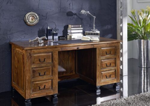 Massivmoebel24 Schreibtisch »NEW BOSTON« (150x70x75 Sheesham montiert Bürotisch aus Massivholz braun lackiert mit 6 Schubladen - Schreibtisch mit Stauraum), nur Füße schwarz lackiert,Landhausstil,abgerundete Kanten,gedrechselte Füße,Schreibtisch mit viel Stauraum