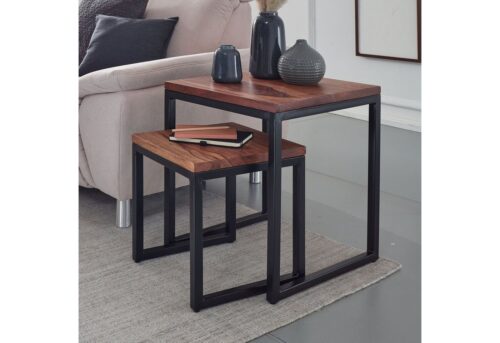 Wohnling Beistelltisch »Satztisch Sheesham Massivholz / Metall Design Beistelltisch 2er Set Couchtisch Set aus zwei Tischen Kleiner Wohnzimmer Ablagetisch Modern«