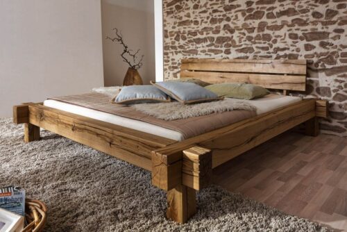 Massivmoebel24 Massivholzbett »JANGALI« (Bett aus robustem Massivholz, massives Holzbett Bettgestell, Modernes Balkenbett mit zweigeteiltem Kopfteil, inklusive 2 großen Schubladen für viel Stauraum, braun geölt 200x200 Wildeiche)