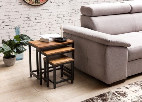 Wohnling Beistelltisch »3er Set Design Beistelltisch AKOLA Sheesham Satztisch Metallbeine Tischset 3 teilig Materialmix Couchtisch aus Massivholz«