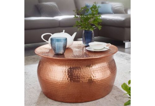 Wohnling Beistelltisch »Couchtisch 60x30,5x60cm Aluminium Kupfer Beistelltisch orientalisch rund Flacher Hammerschlag Sofatisch Metall Design Wohnzimmertisch modern Loungetisch indisch Stubentisch klein«