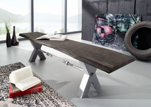 Massivmoebel24 Essbank »IRON LABEL« (180x38x46 Akazie), Baumkante,Unikat,Beine leicht glänzend