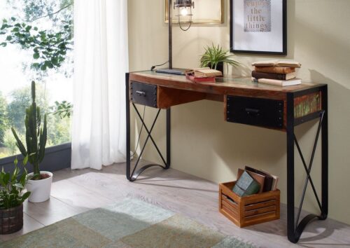 Massivmoebel24 Schreibtisch »INDUSTRIAL« (Schreibtisch mit 2 Schubladen im Vintage Stil, Kombination aus Eisen und Holz, bunt lackiert 135x50x80 Altholz), used-optik,Metallapplikationen im Vintage Look,authentische Altholz-Optik,