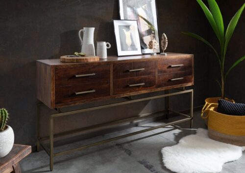 Massivmoebel24 Konsolentisch »STILMÖBEL« (Konsolentisch mit Schubladen und Eisengestell, braun lackiert 152x46x86 MANGO), massives Eisengestell