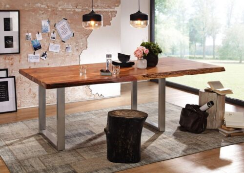 Massivmoebel24 Baumkantentisch »FREEFORM« (240x110x78 Akazie, Esstisch Esszimmertisch Küchentisch Holztisch verlängerbar mit Ansteckplatte), Echte Baumkante, Natürliche Risse und Unebenheiten