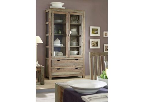 Massivmoebel24 Vitrine »NATURE GREY« (Moderne Massivholz Glasvitrine mit Türen und herausnehmbaren Schubladen in geradlinigen Design, grau geölt 110x45x200 Sheesham montiert) Modern, Glasvitrine, geölt, herausnehmbare Schubladen auf Holzschienen