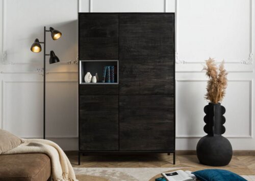 Massivmoebel24 Highboard »CHICAGO« (111x45x175 Mango montiert, schwarzer Wohnzimmerschrank mit dunklem Stahlgestell, Schrank 175cm mit 4 Türen, 1 Schublade, 1 offenes Fach silber)