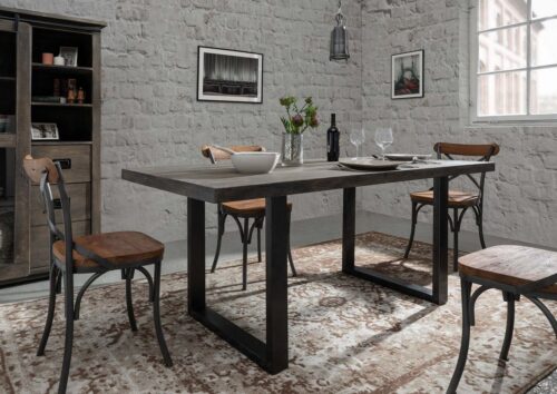 Massivmoebel24 Esstisch »RAILWAY« (Massiver Esstisch mit Eisenkufen, in Vintage Optik, Platz für 6 Personen, grau lackiert 180x90x76 Mango montiert)