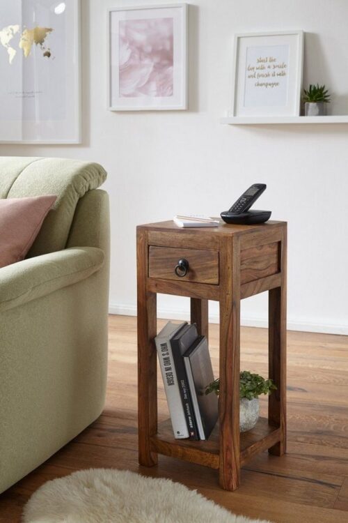 Wohnling Beistelltisch »Beistelltisch MUMBAI Massiv-Holz Sheesham 68cm hoch Wohnzimmer-Tisch mit Schublade Design Landhaus-Stil Couchtisch«