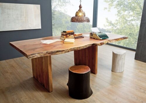 Massivmoebel24 Baumkantentisch »FREEFORM« (240x110x78 Akazie, Esstisch Esszimmertisch Küchentisch Holztisch verlängerbar mit Ansteckplatte), Echte Baumkante, Natürliche Risse und Unebenheiten