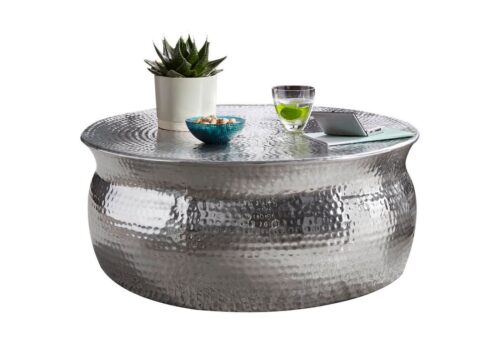 Wohnling Couchtisch »WL5.451«, 75x31x75cm Aluminium Silber Beistelltisch orientalisch rund Flacher Hammerschlag Sofatisch Metall Design Wohnzimmertisch modern Loungetisch indisch Stubentisch klein