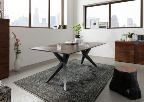 Massivmoebel24 Esstisch »SWISS EDGE« (Esstisch für 4 Personen, mit außergewöhnlichem Eisengestell, braun lackiert 140x90x76 Akazie)