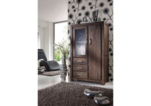 Massivmoebel24 Highboard »METRO POLIS« (Highboard im modernen Design, mit 2 Drehtüren, 1 inklusive Glaseinsatz, inklusive 3 Schubladen, grau lackiert 90x42x148 Sheesham montiert)