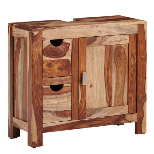 Wohnling Waschbeckenunterschrank »WL6.648« mit Schubladen Sheesham Massivholz 70x63x30 cm Badezimmerschrank Unterschrank mit Tür Badschrank Midischrank Klein Stehend Waschtisch