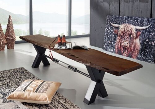 Massivmoebel24 Essbank »IRON LABEL« (220x38x46 Akazie), Baumkante,Unikat