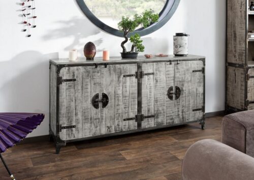 Massivmoebel24 Sideboard »TOKYO« (180x40x89 Mango montiert, Sideboard aus Mangoholz mit Eisen-Akzenten, Industrialstil)