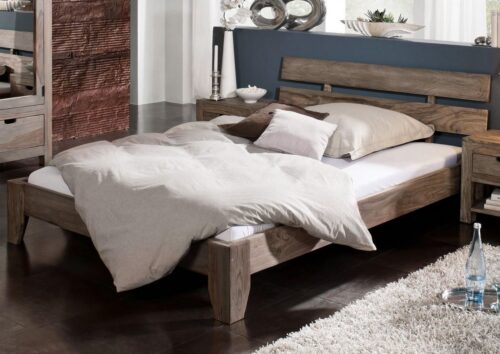 Massivmoebel24 Massivholzbett »NATURE GREY« (Modernes Massivholz Doppelbett in geradlinigem Design mit zweigeteiltem Kopfteil, grau geölt 200x200 Sheesham / Palisander)