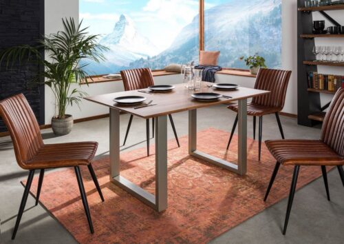 Massivmoebel24 Esstisch »SWISS EDGE« (Moderner Esstisch für 4 Personen, mit außergewöhnlichem Eisengestell, natur lackiert 140x90x76 Akazie)