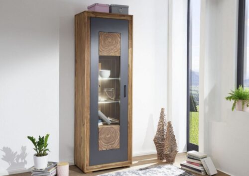 Massivmoebel24 Vitrine »TURIN« (Vitrine im Industrial Stil, mit 1 Drehtür, inklusive Hirnholzelementen und schönen Kontrasten durch schwarz lackierte Platten, braun gebeizt 66x40x201 Sheesham montiert) inkl. Glasböden (ohne Beleuchtung), Hirnholzelement