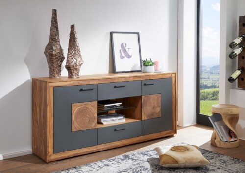 Massivmoebel24 Sideboard »TURIN« (Modernes Sideboard, mit Türen und Schubladen, mittig ein offenes Fach mit Glasboden, attraktive Hirnholzelemente, braun gebeizt 170x40x82 Sheesham montiert), Hirnholzelement, Sheeshamholz