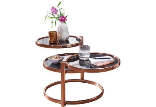 Wohnling Beistelltisch »Couchtisch mit 3 Tischplatten Schwarz / Kupfer 58 x 43 x 58 cm Beistelltisch Rund Design Wohnzimmertisch Glas / Metall Designer Glastisch Sofatisch modern Kleiner Loungetisch«