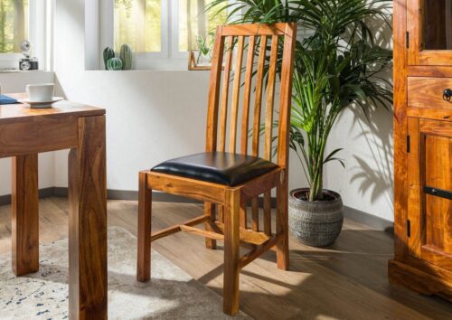 Massivmoebel24 Holzstuhl »OXFORD« (Extravaganter Stuhl, mit luftiger Rückenlehne, die bis zum Boden reicht, inklusive Polsterung, braun lackiert 43x50x109 Akazie montiert), hochwertiges Edelholz, authentische Holzadern, aufwendige Schnitzereien und Verzierungen