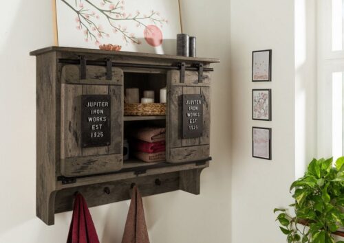 Massivmoebel24 Wandgarderobe »RAILWAY« (Außergewöhnliche Wandgarderobe mit trendigen Schiebetüren auf Eisenschiene, inklusive Kleiderhaken in grau lackiert 90x30x75 Mango montiert), schwarz,used-optik,Metallapplikationen im Vintage Look,authentische Altholz-Optik inkl. Wurmlöcher,Schiebetüren auf Eisenleisten,inkl. 4 Haken,