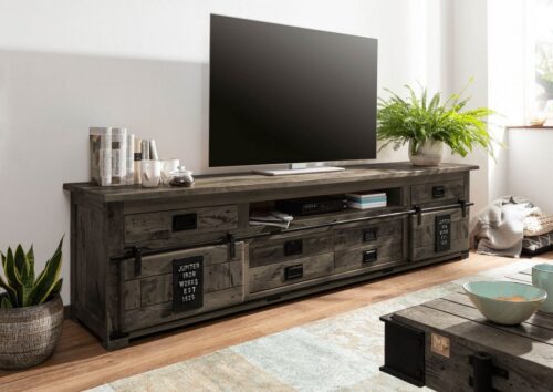 Massivmoebel24 TV-Board »RAILWAY« (TV-Board in used Optik, mit Schiebetüren auf Eisenschiene, grau lackiert 240x50x60 Mango montiert), used-optik, Metallapplikationen im Vintage Look, authentische Altholz-Optik inkl. Wurmlöcher, Schiebetüren auf Eisenleisten, Aussparung für Kabelführung