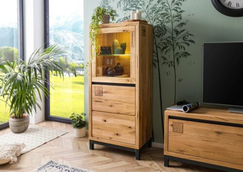 Massivmoebel24 Vitrine »VILLANDERS« (Moderne Wildeiche Glasvitrine inklusive stilvollem Hirnholz-Element, eine Kombination aus Metall und Holz, mit Türen, natur geölt 65x40x148 Wildeiche montiert) Glaseinlegeboden, Hirnholz-Element, Eisenrahmen Konstruktion, Unikate Rissoberfläche, Einlegeböden variabel 3-Fach höhenverstellbar, Soft-Close für Türen und Schubladen, Griffleisten