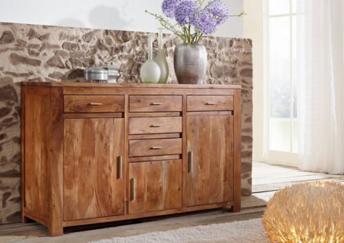 Massivmoebel24 Sideboard »SHAMAN« (145x45x90 Akazie montiert, Sideboard aus Akazienholz mit Metallgriffen, Modern), Schubladen auf Rollscharnier