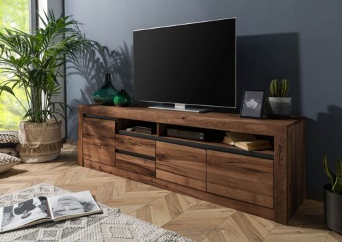 Massivmoebel24 TV-Board »MONTREUX« (Lowboard, Fernsehschrank Massivholz, modernes TV-Board lang aus Massivholz - 185x45x45 großes TV Lowboard aus massivem Echtholz Wildeiche / Zerreiche), Softclose für Türen und Schubladen, starke Rissoptik, 3-fach höhenverstellbarer Einlegeboden, Kabelführung