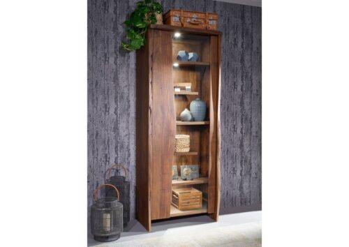 Massivmoebel24 Vitrine »PURE ACACIA« (Moderne Massivholz Glasvitrine mit Softclose in braun lackiert 81x45x204 Akazie montiert) echte Baumkante, Unikat, Astlöcher, urwüchsige Risse, Unregelmäßigkeiten, Glas