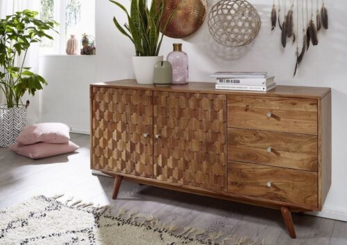 Massivmoebel24 Sideboard »MOSAYK« (Sideboard im Vintage Stil, mit Drehtüren und Schubladen, inklusive Füße im 60er Jahre Stil, in natur lackiert 145x42x75 Akazie montiert), Holzmosaik-Muster, Retro-Stil