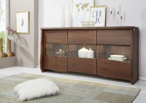 Massivmoebel24 Sideboard »PURE ACACIA« (Modernes Massivholz Sideboard mit Türen und Glaseinsatz inklusive Softclose in braun lackiert 191x45x96 Akazie montiert), echte Baumkante, Unikat, Natürliche Unregelmäßigkeiten und Astlöcher
