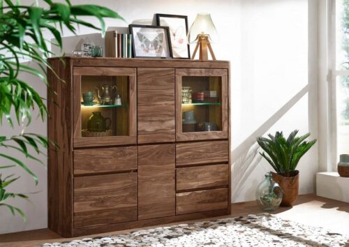 Massivmoebel24 Highboard »TORONTO« (166x40x145 Sheesham / Akazie montiert, Highboard aus Echtholz mit abgerundeten Kanten im modernen Stil, Massiv)