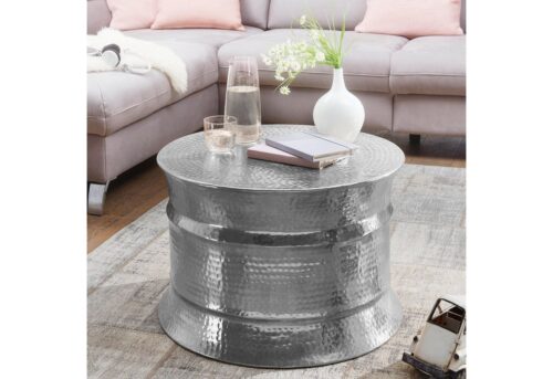 Wohnling Beistelltisch »Couchtisch 62x41x62cm Aluminium Silber Beistelltisch orientalisch rund Flacher Hammerschlag Sofatisch Metall Design Wohnzimmertisch modern Loungetisch indisch Stubentisch klein«